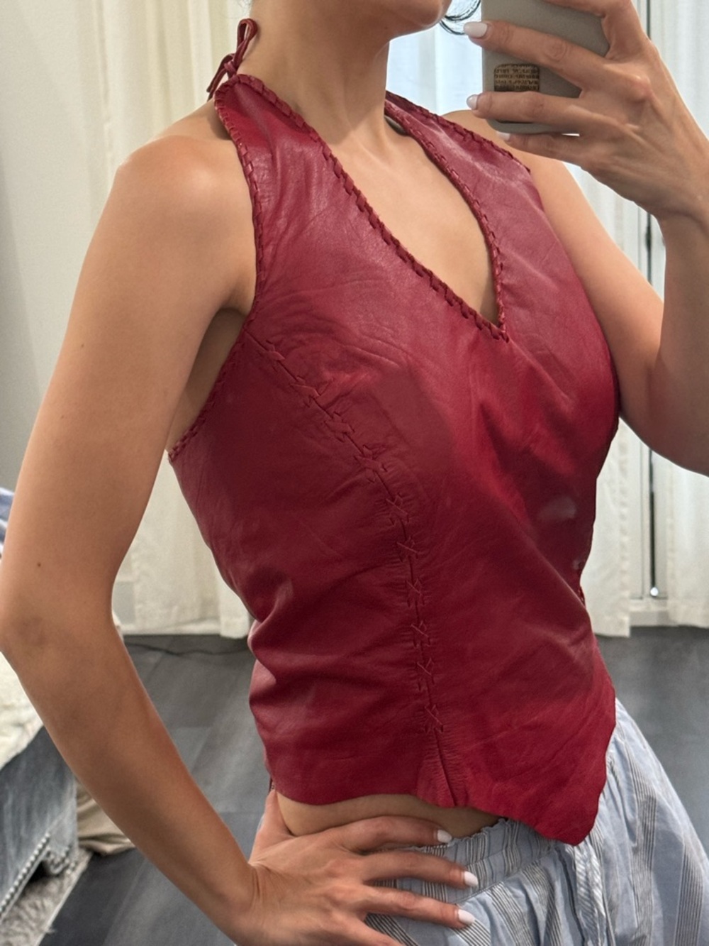 💯 leather Red Halter Top